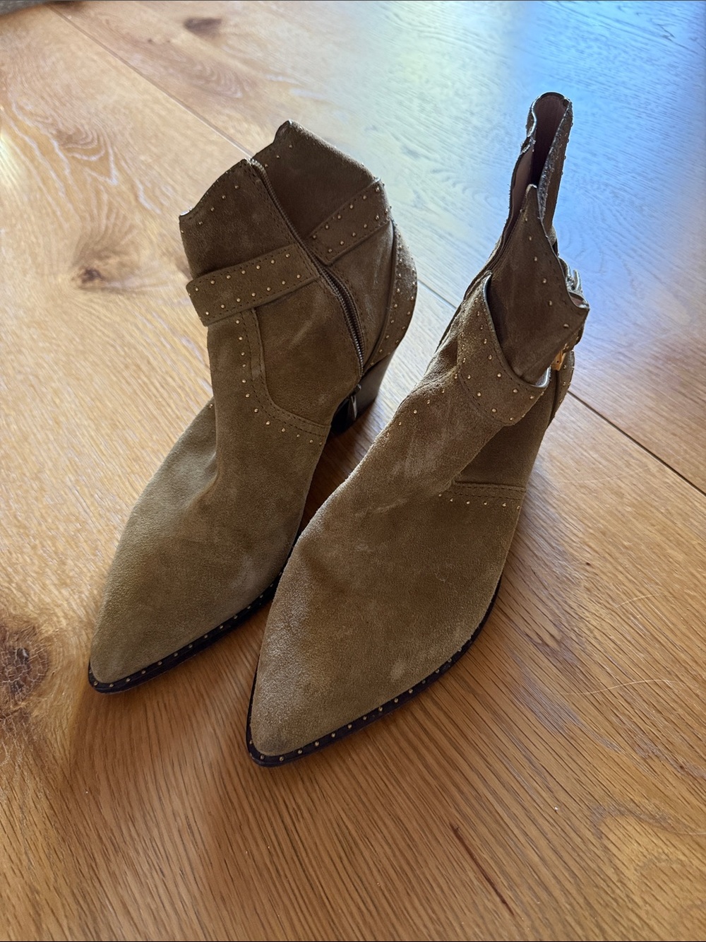 Loeffler Randall Olive Green Suede Pointed Ankle Booties with Studs